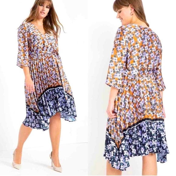 NEW! Eloquii Mixed Print Floral Dress Pleated Skirt with Belt Purple Brown SZ 16 - Picture 1 of 9